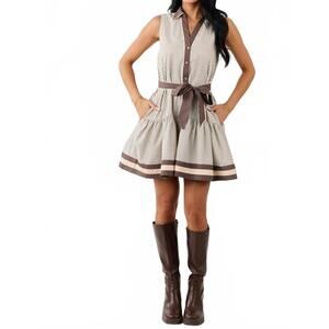 NEW ENTRO striped collard v neck button down dress with tie belt in mocha and cr